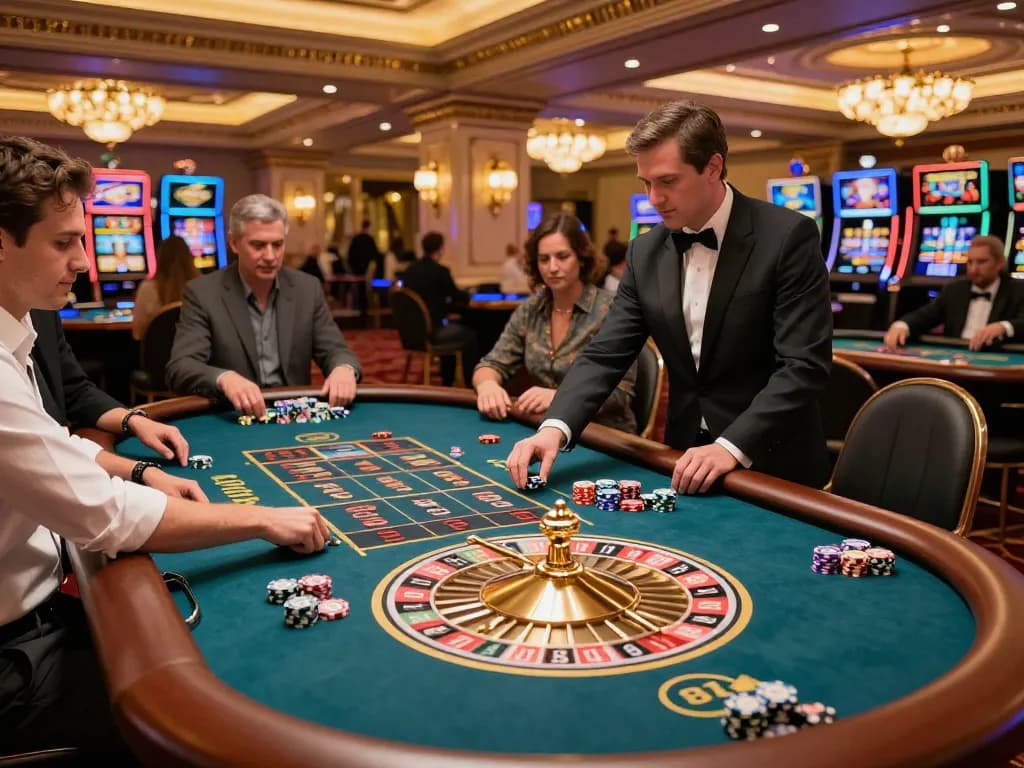 Engaged players placing bets at a roulette table in fabet casino, capturing the excitement of live gaming