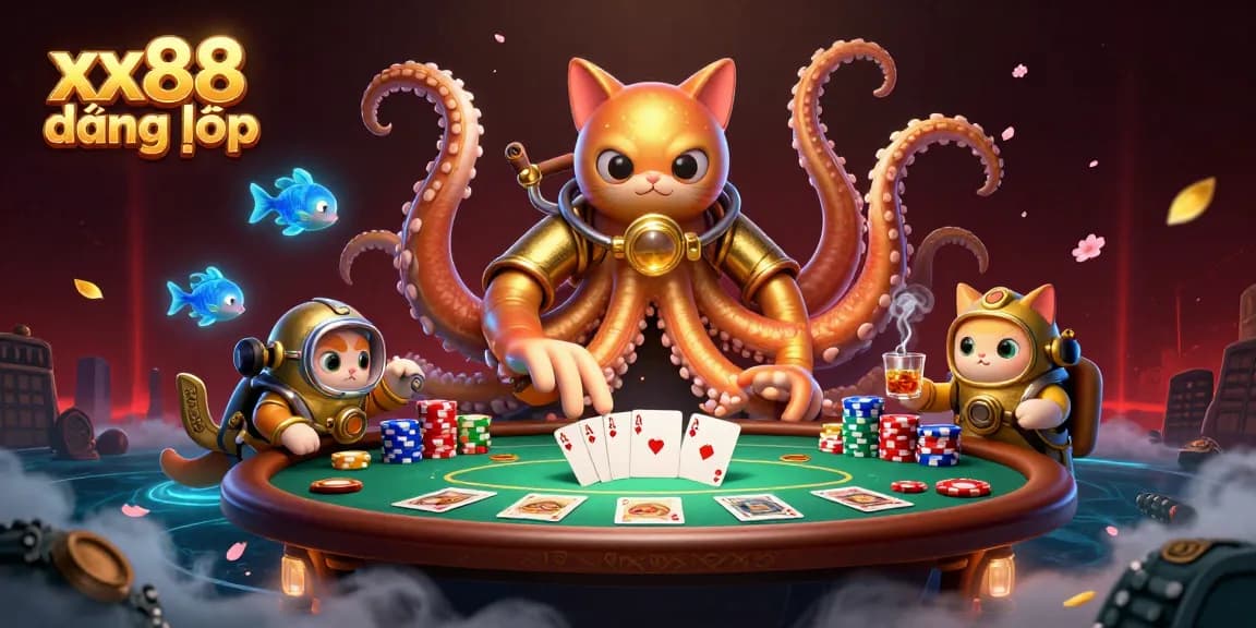 Experience thrilling xx88 đăng nhập with a vivid, immersive 3D casino illustration showcasing a kraken, diving cat, and vibrant poker elements.