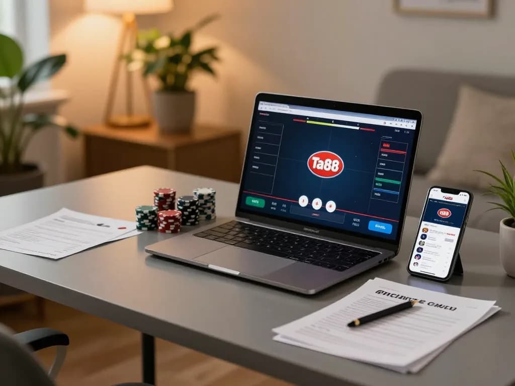 Engaging with ta88 online poker app on a modern desk setup with warm decor.
