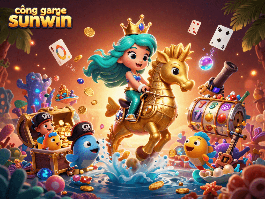 Level up your gaming at cổng game sunwin with vibrant 3D mermaid casino illustration filled with treasure!
