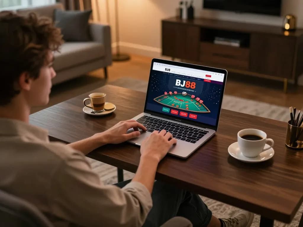 Experience thrilling BJ88 blackjack online gameplay in a cozy home office.