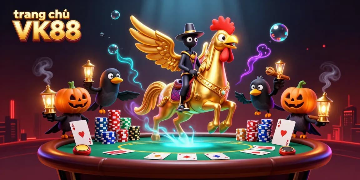 Immerse in the vibrant action of trang chủ VK88 as a golden rooster leads the night in a casino.