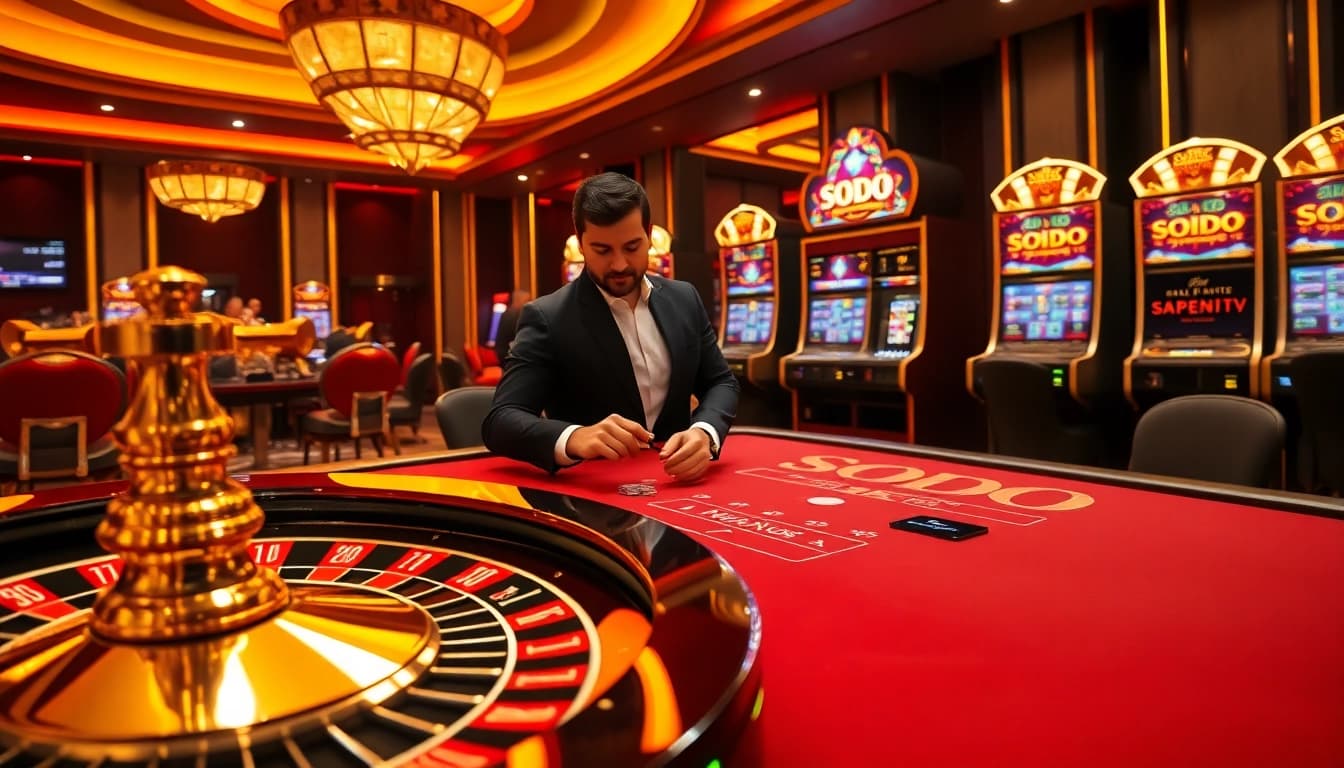 SODO casino scene with high-stakes players at the roulette wheel and blackjack table.