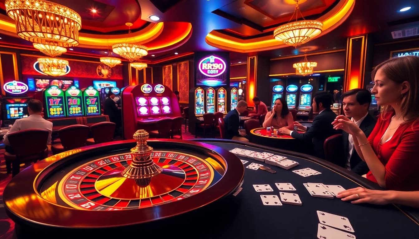 Experience the thrill of RR99 casino gaming with vibrant poker tables and slot machines.