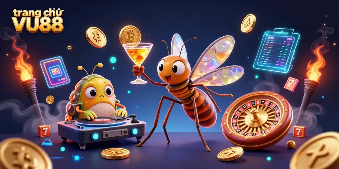 Engage in gaming excitement at trang chủ VU88 with a vibrant 3D casino scene blending unique characters and crypto elements.