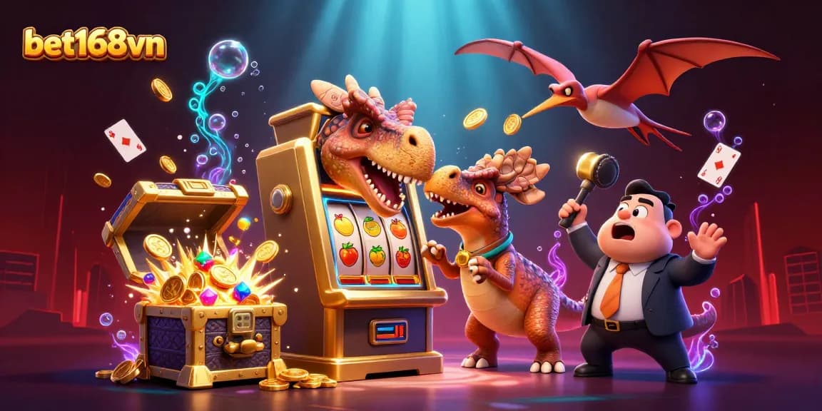 Race to win big at bet168vn with cartoon dinosaurs in a bustling casino scene!