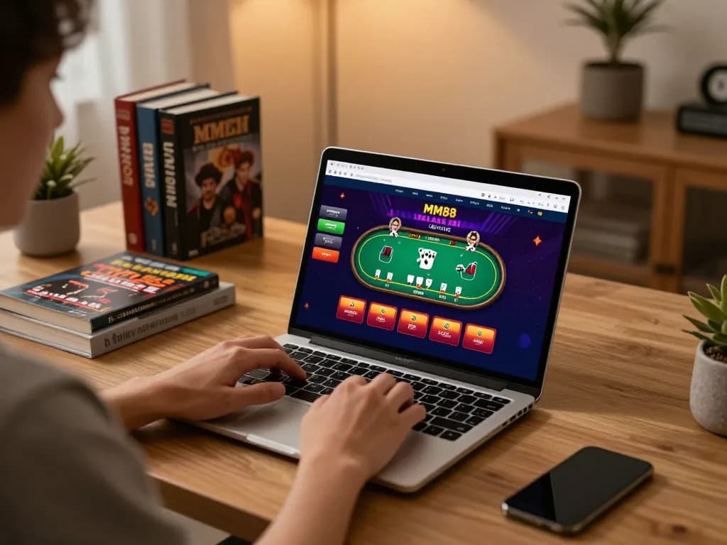 Player engaging with MM88 online poker game on laptop in a cozy home office setting.