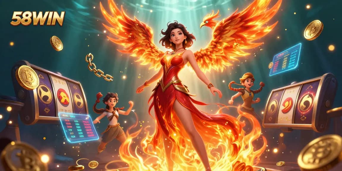 Spin and win big at 58WIN with vibrant slot reels and dynamic casino elements displayed.