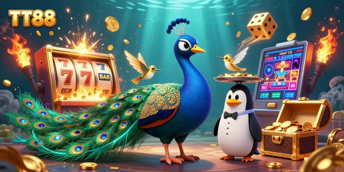 Experience the thrill of TT88 with a dynamic scene of slot games, coins, and charming characters.