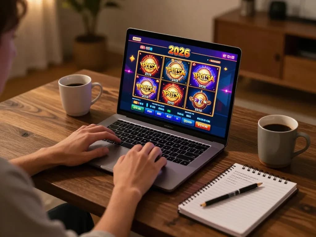 Engaging in slot pulsa 2026 online gaming session with vibrant slots visible on laptop screen.
