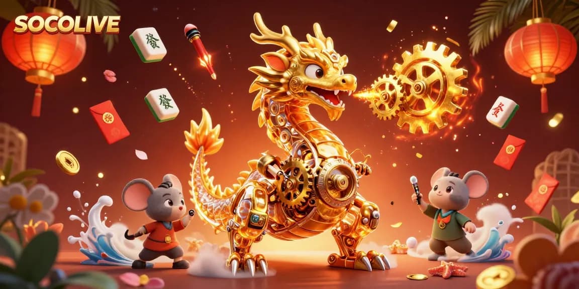 SOCOLIVE showcases a dragon breathing gears, surrounded by vibrant gambling elements and festive decorations.