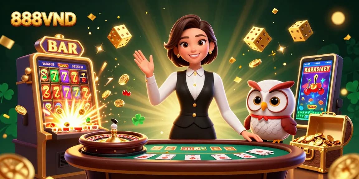 Experience the thrilling 888VND casino with lively dealers and jackpot action in a vibrant 3D scene.