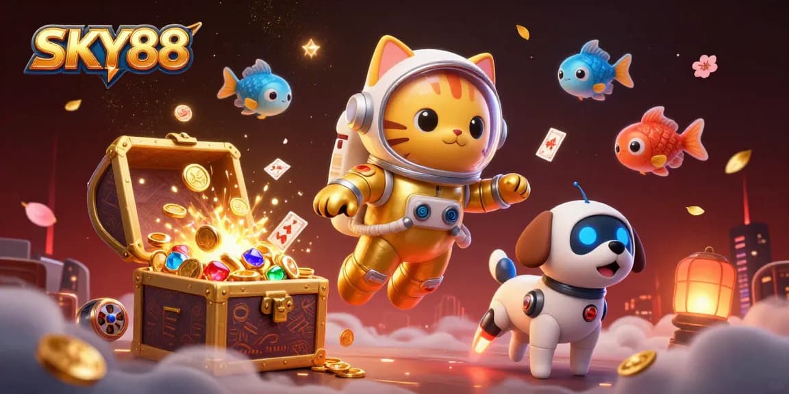 Engage in thrilling games at SKY88 with this vibrant and dynamic casino-themed 3D illustration.