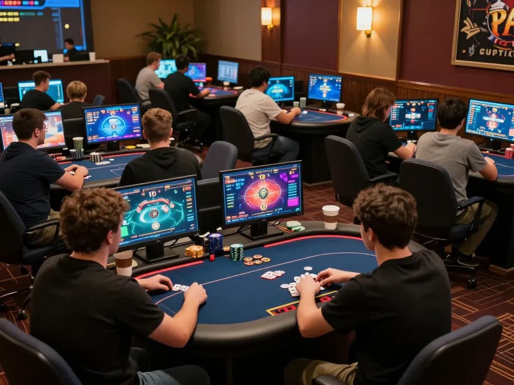 Experience lc88 best online poker gameplay with players focused on vibrant screens