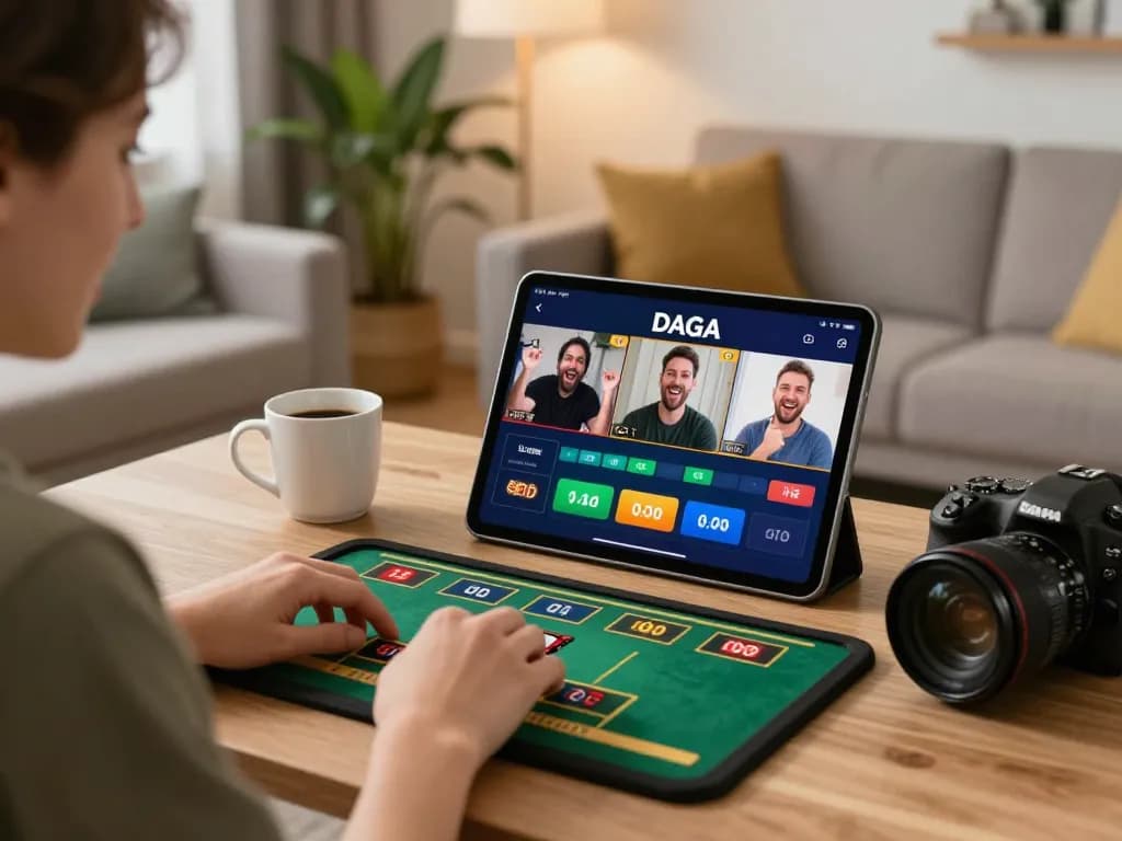 Player happily placing bets on the dagago app during a live dealer game in a cozy home setting