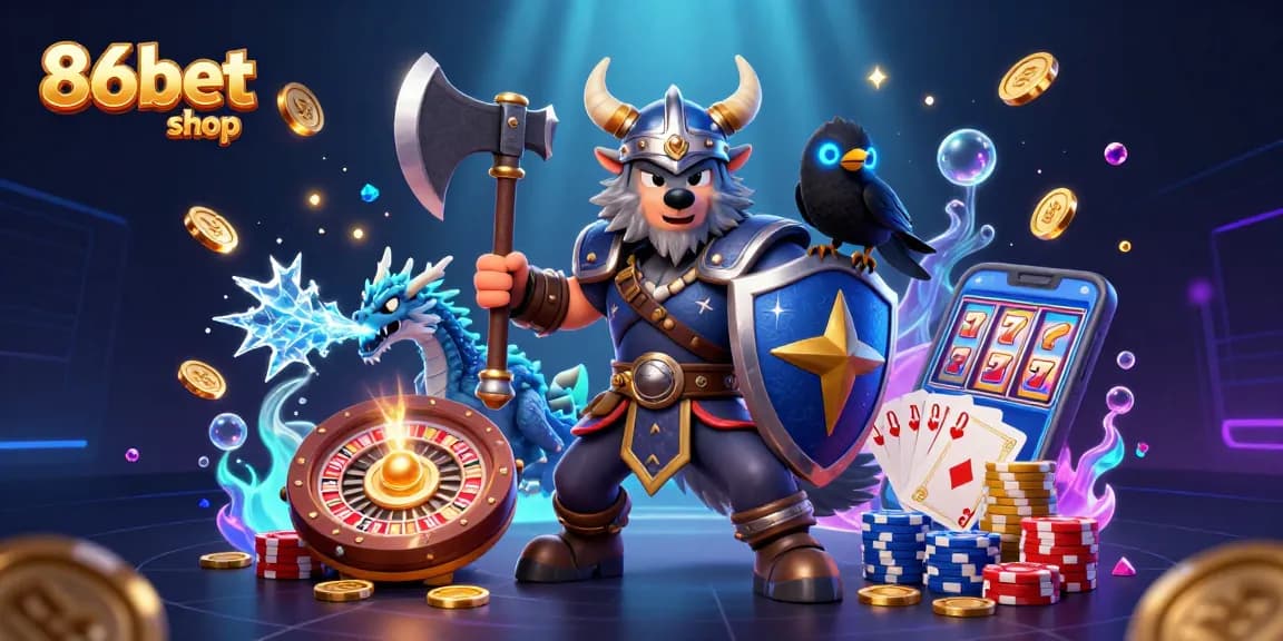 Immerse in the 86bet shop's exciting scene of a Viking warrior, dragon, and raven amidst casino riches.