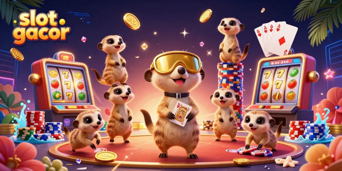 Experience the excitement of slot gacor with playful meerkats operating a vibrant and lively casino scene.