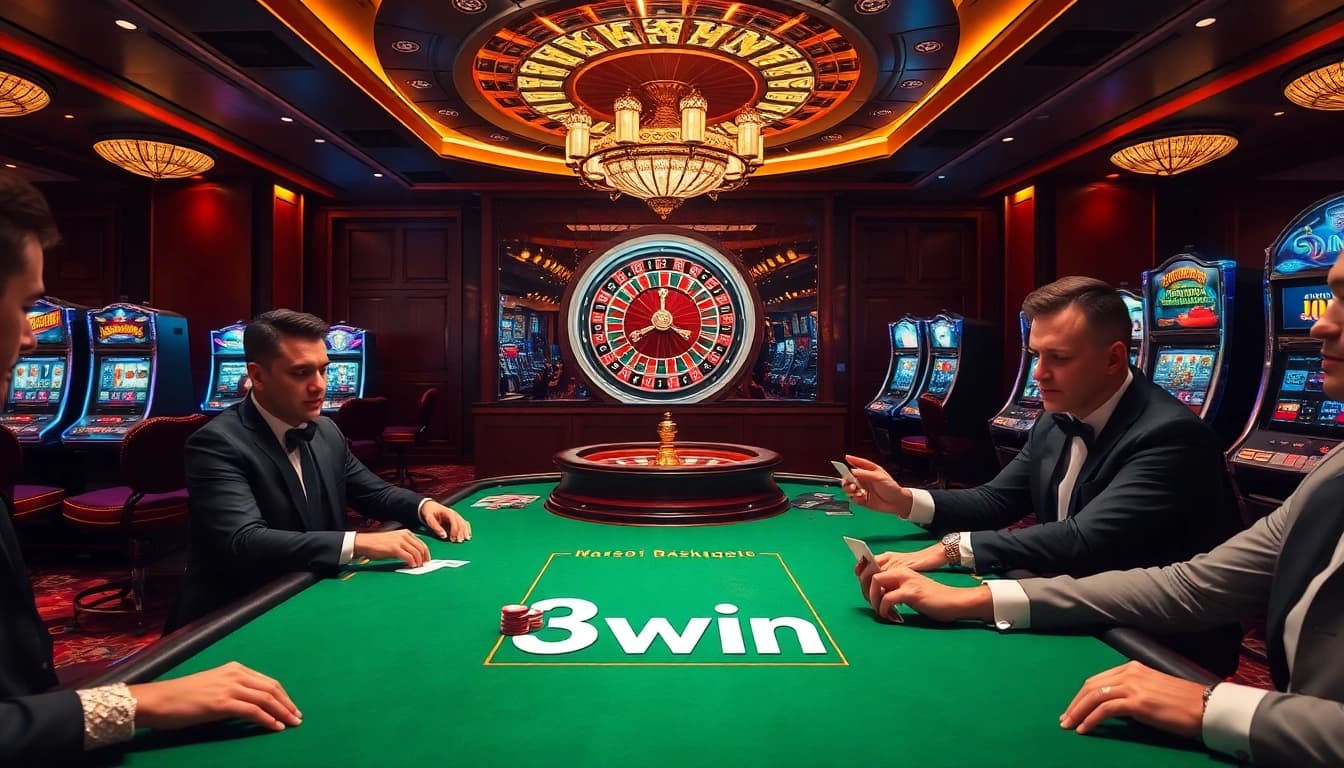 Players enjoying blackjack at a lively casino table showcasing 3win-themed decor and excitement.