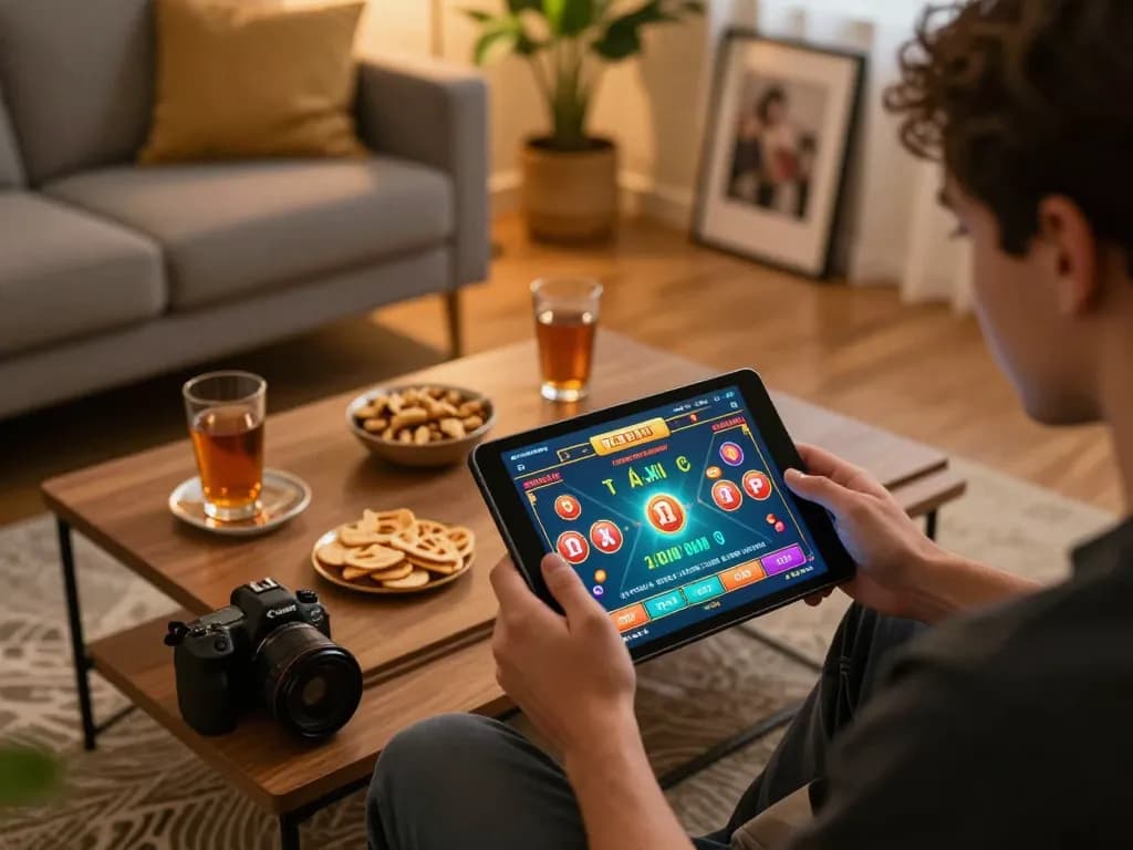 Engaging Tài Xỉu gaming session at home using taixiuonline8 app on tablet, showcasing strategic casino fun.