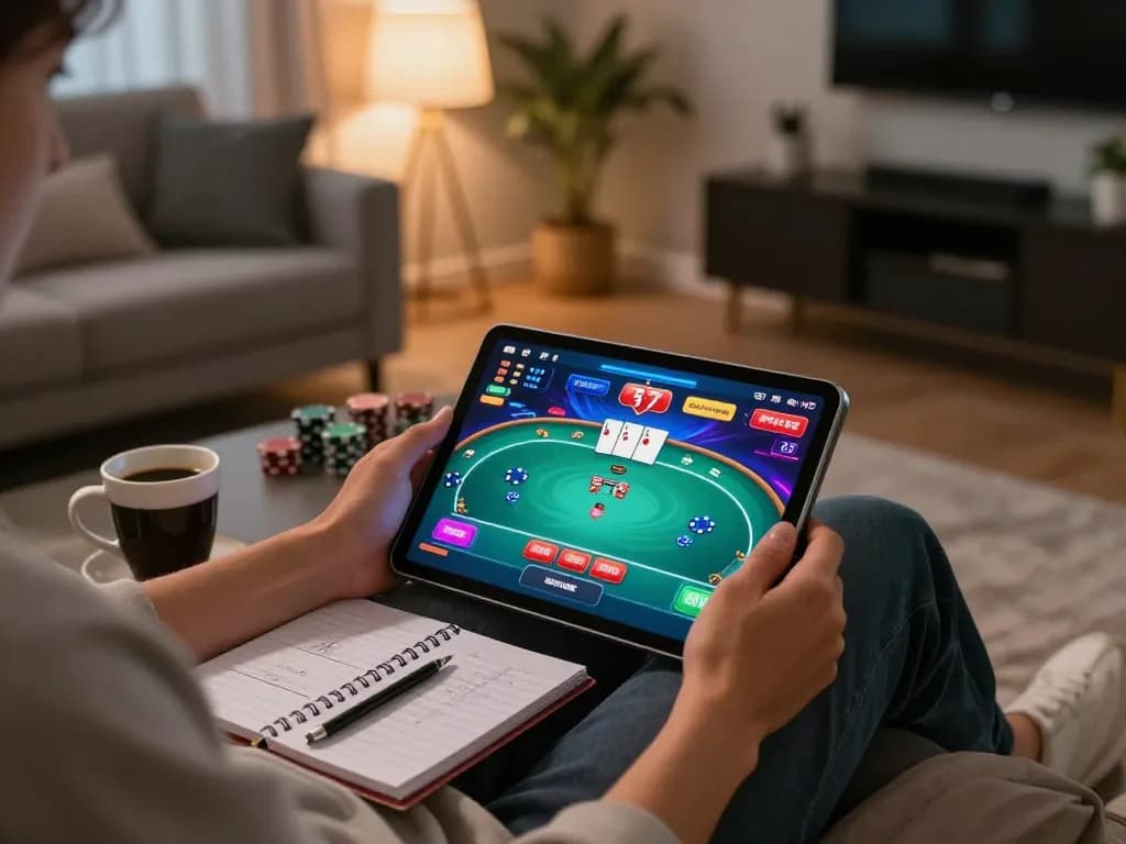 Player enjoying an engaging online casino game on tablet while using 78winvina for betting strategies.
