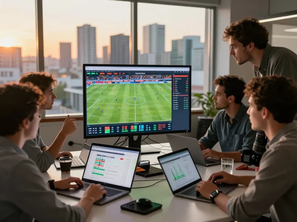 Professionals analyzing live soccer scores and statistics from Nowgoal in a modern office.