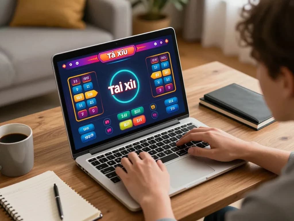 Tài xỉu online gameplay in a cozy home setting with a focused player using laptop.