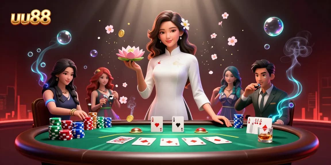 Engage with uu88's vibrant poker scene featuring graceful characters and dynamic game elements.