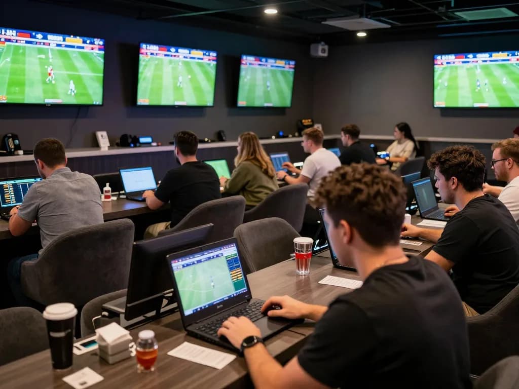Engaged bettors placing wagers in keobongda sports betting lounge with live match screens