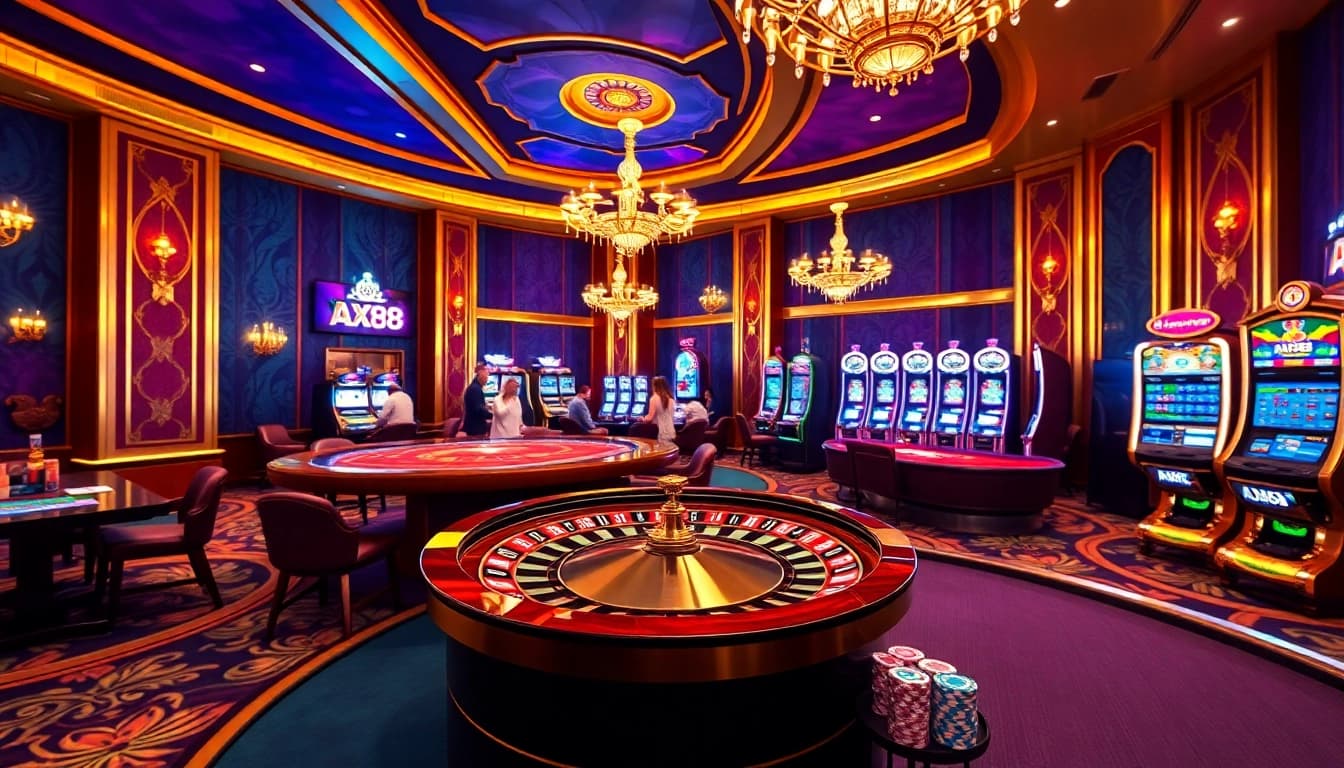AX88 online gambling interface showcasing vibrant casino tables and excited players.