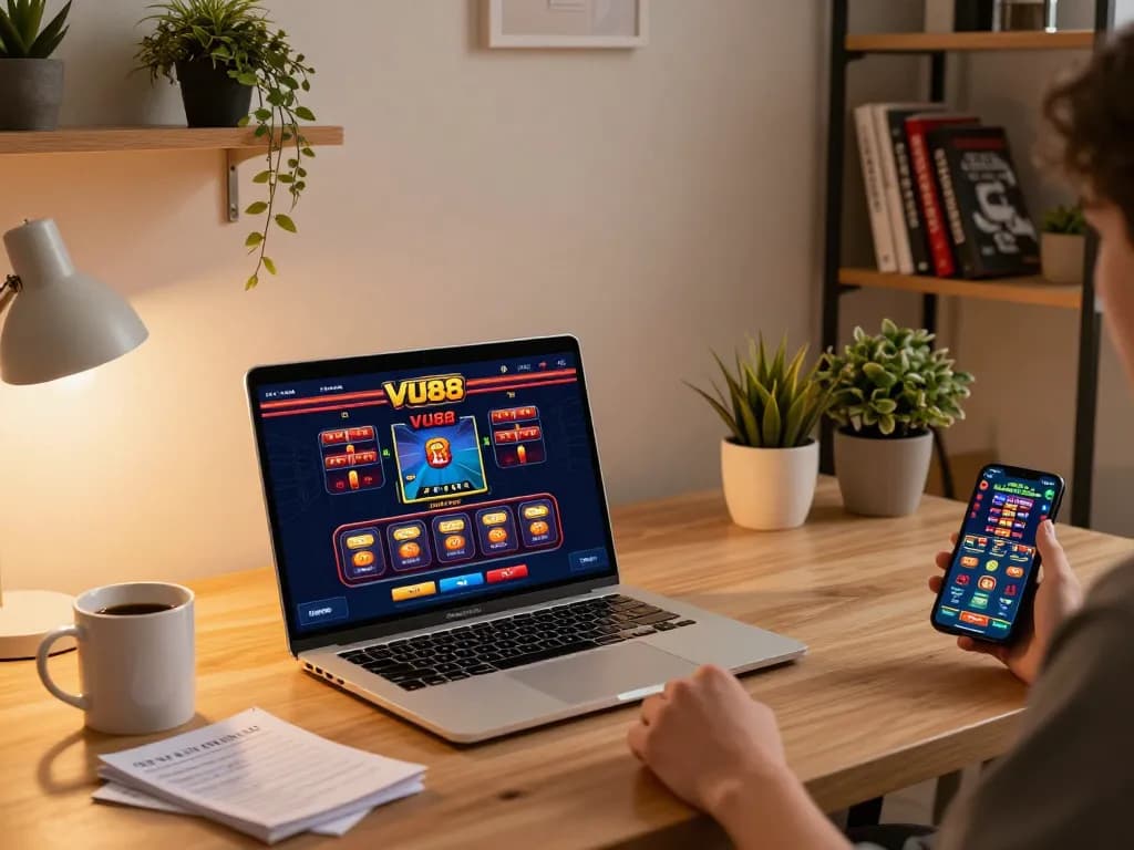 Engaging in online casino gaming at VU88 with a laptop and strategic notes in cozy home office.