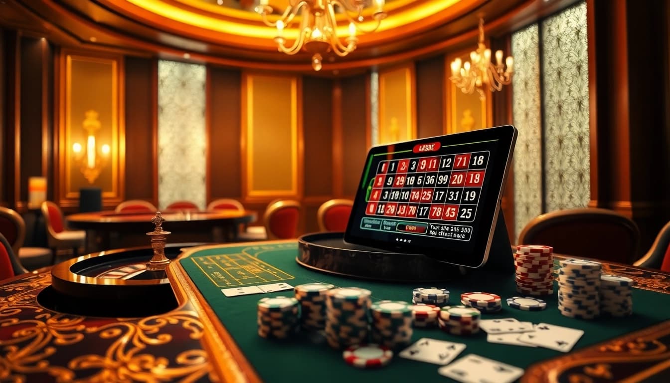 Gamble at nhà cái jun88 with a vibrant casino setup featuring cards, chips, and a roulette wheel.