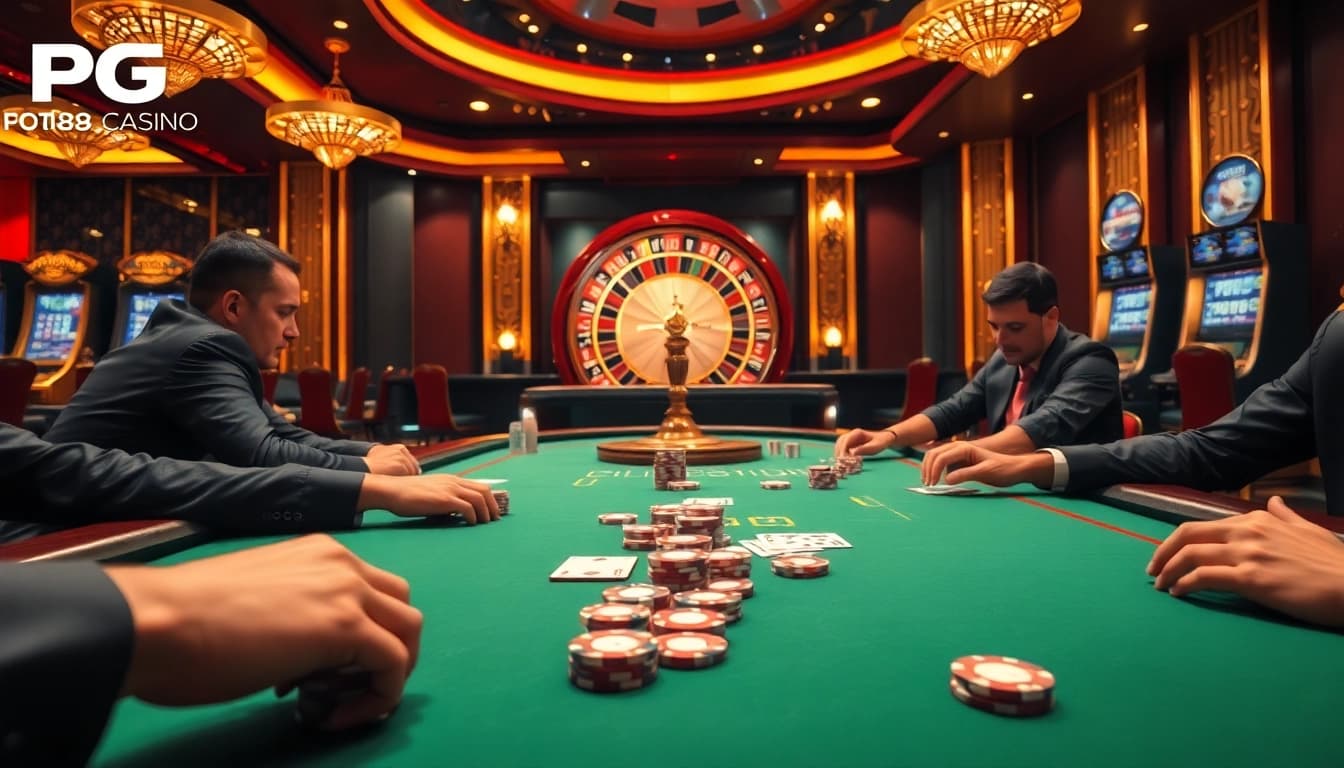 Exciting poker action at PG88 casino, showcasing vibrant chips and a spinning roulette wheel.
