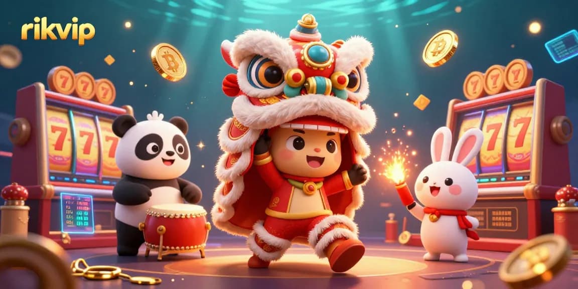 Experience the vibrant casino world with rikvip featuring a lively lion dance and dynamic slot elements.