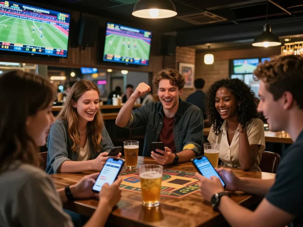 Fans using bongdalu to place sports bets while watching live matches in a bustling sports bar.