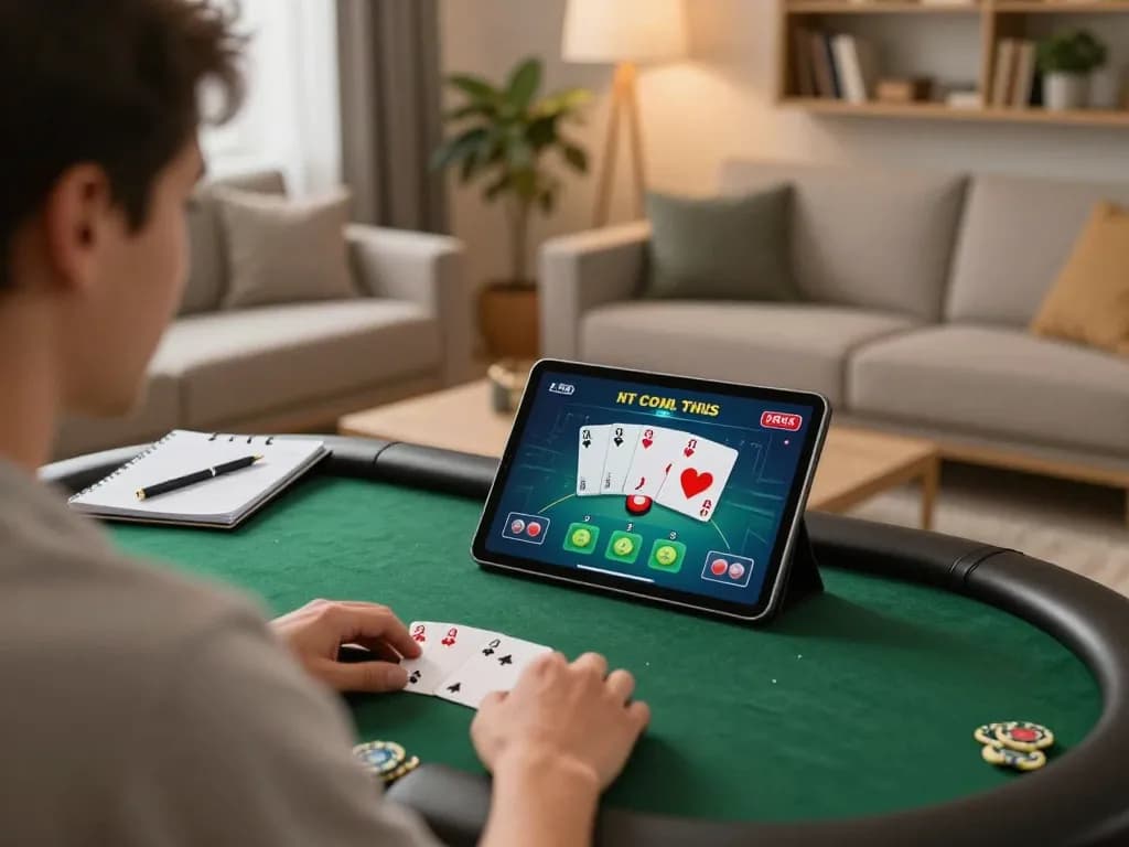 Player enjoying an online poker game on SHBET tablet, showcasing vibrant gameplay and strategic notes.