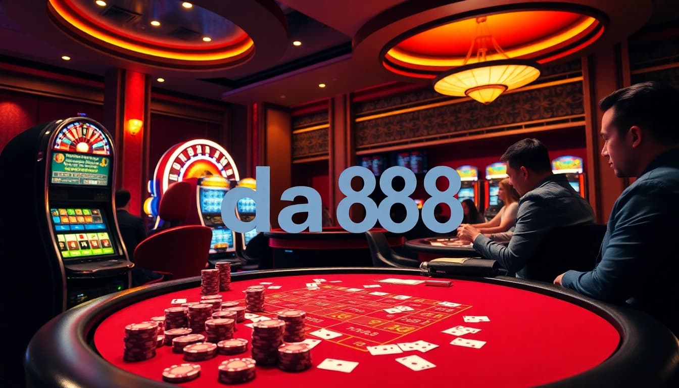 Experience the excitement at DA88 with vibrant cards, chips, and a spinning roulette wheel.