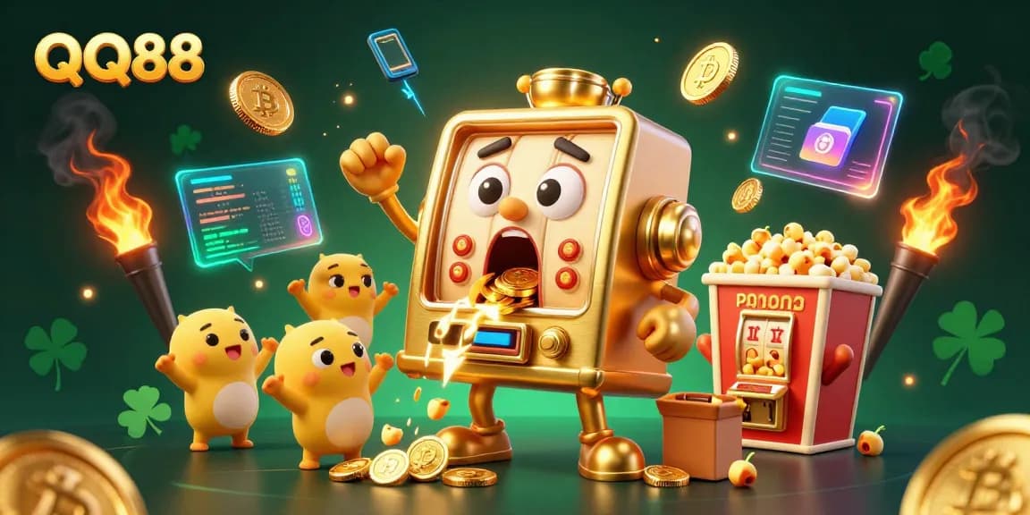 Spin the QQ88 slot machine as it hits the jackpot and showers coins, with vibrant casino elements.