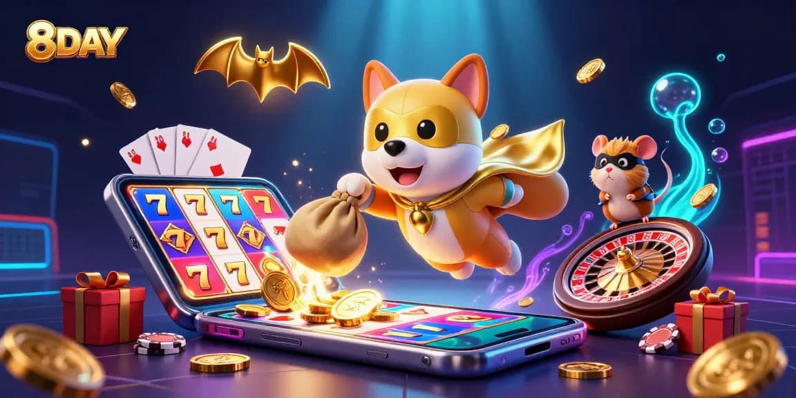Engage with 8DAY's thrilling games and gold-filled action featuring a superhero dog and hamster.