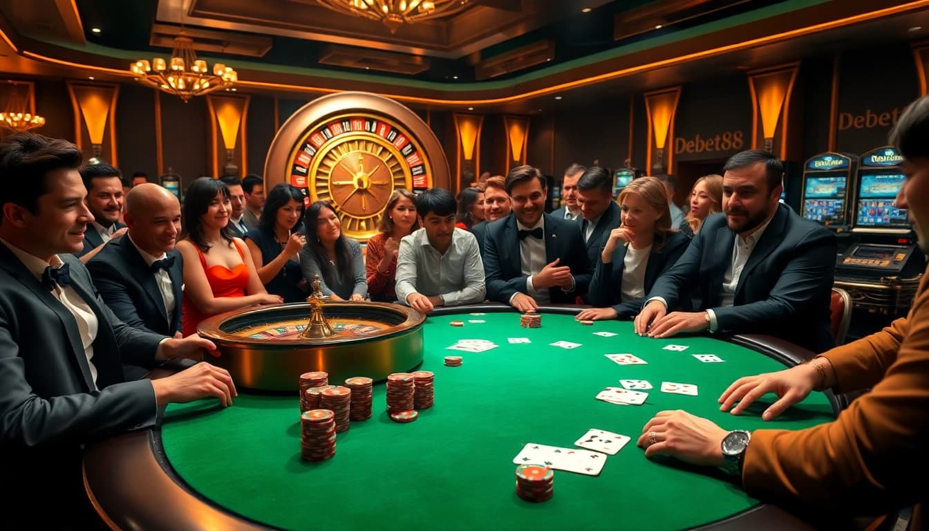 Players engaging at a Debet88 poker table, surrounded by vibrant casino atmosphere and excitement.