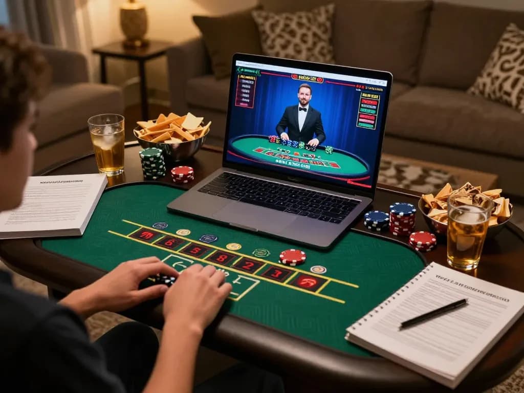 Fabet player enjoying a live dealer blackjack game on laptop for responsible gaming.