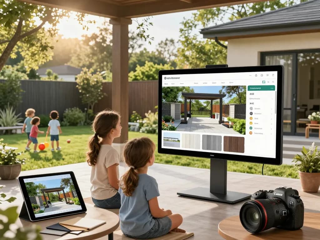 Engaged family customizing their ideal veranda using a veranda configurator in a beautifully landscaped garden setting.