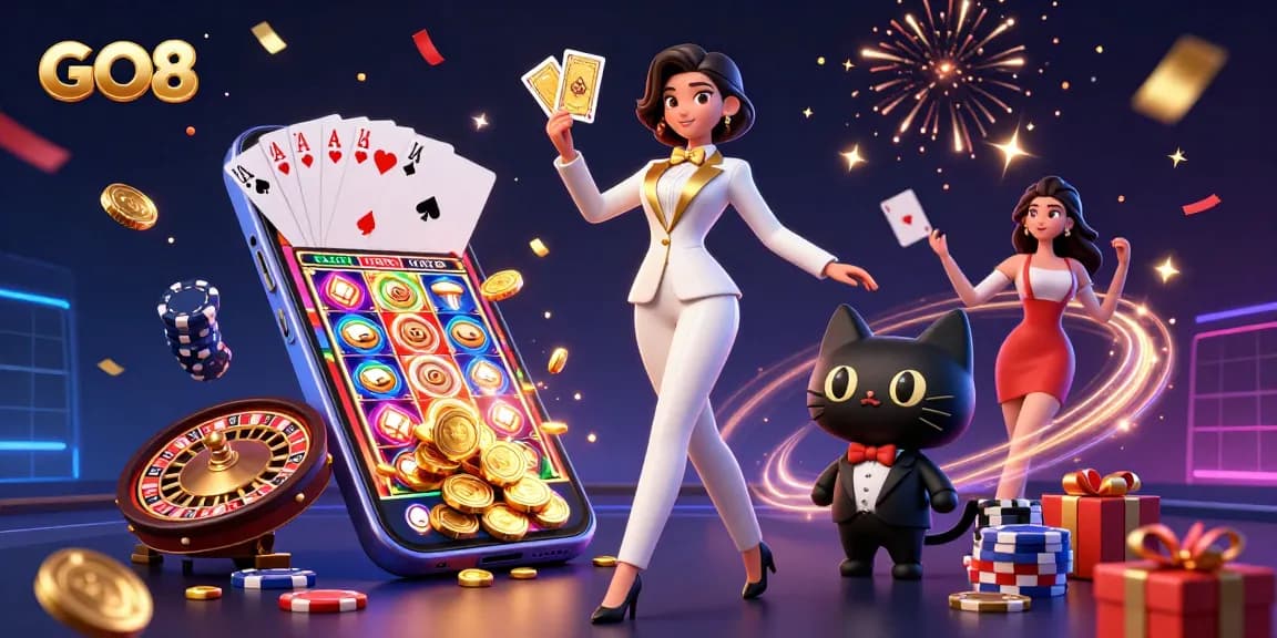 Engage in thrilling casino action at GO8 with a glamorous dealer and cat in tuxedos.