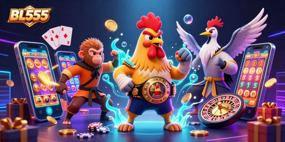 Engage with dynamic slot game action featuring BL555 in an ultra-detailed casino scene with colorful characters.