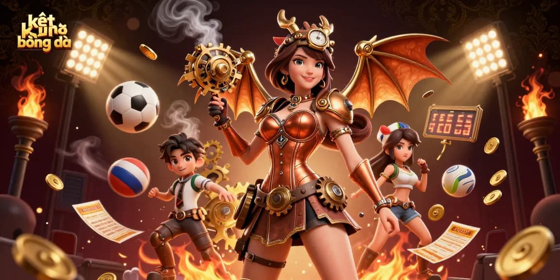 Track kết quả bóng đá with dynamic sports elements and captivating design in a colorful casino scene.