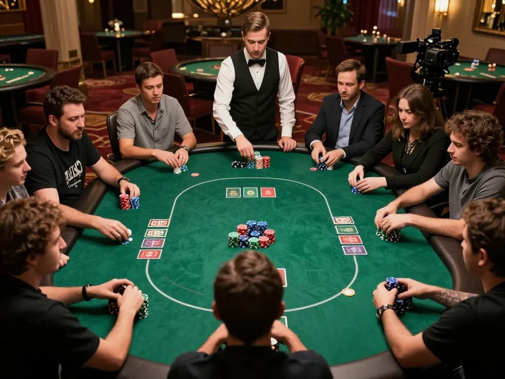 THABET poker game in an upscale casino with players showing strategic moves and high-stacked chips.