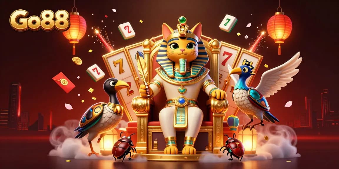 Engaging Go 88 slot experience with a 3D pharaoh cat, lucky 7s, and festive elements.