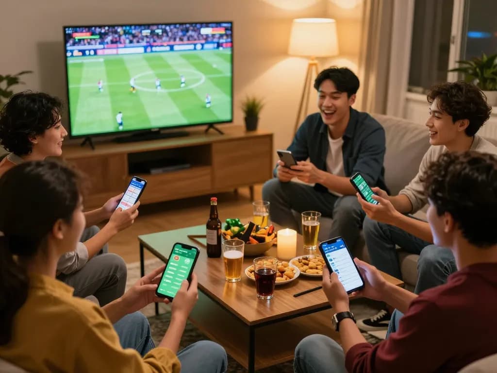 Socolive users engaging in sports betting at home with live football action on screen, lively atmosphere.