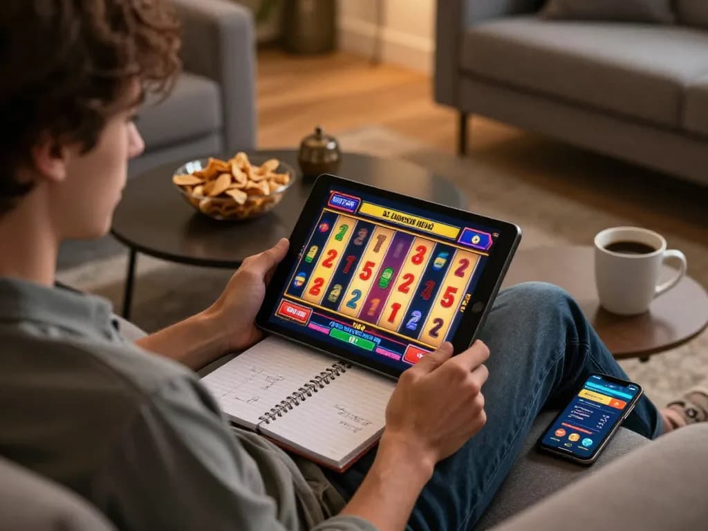 Player enjoying g28 slot games on a tablet in a cozy home setting with snacks and notes.