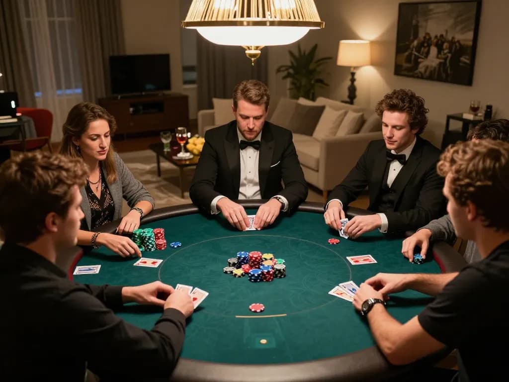 Players enjoying a thrilling SC88 poker game with vibrant chips, showcasing strategic gameplay and social interaction.