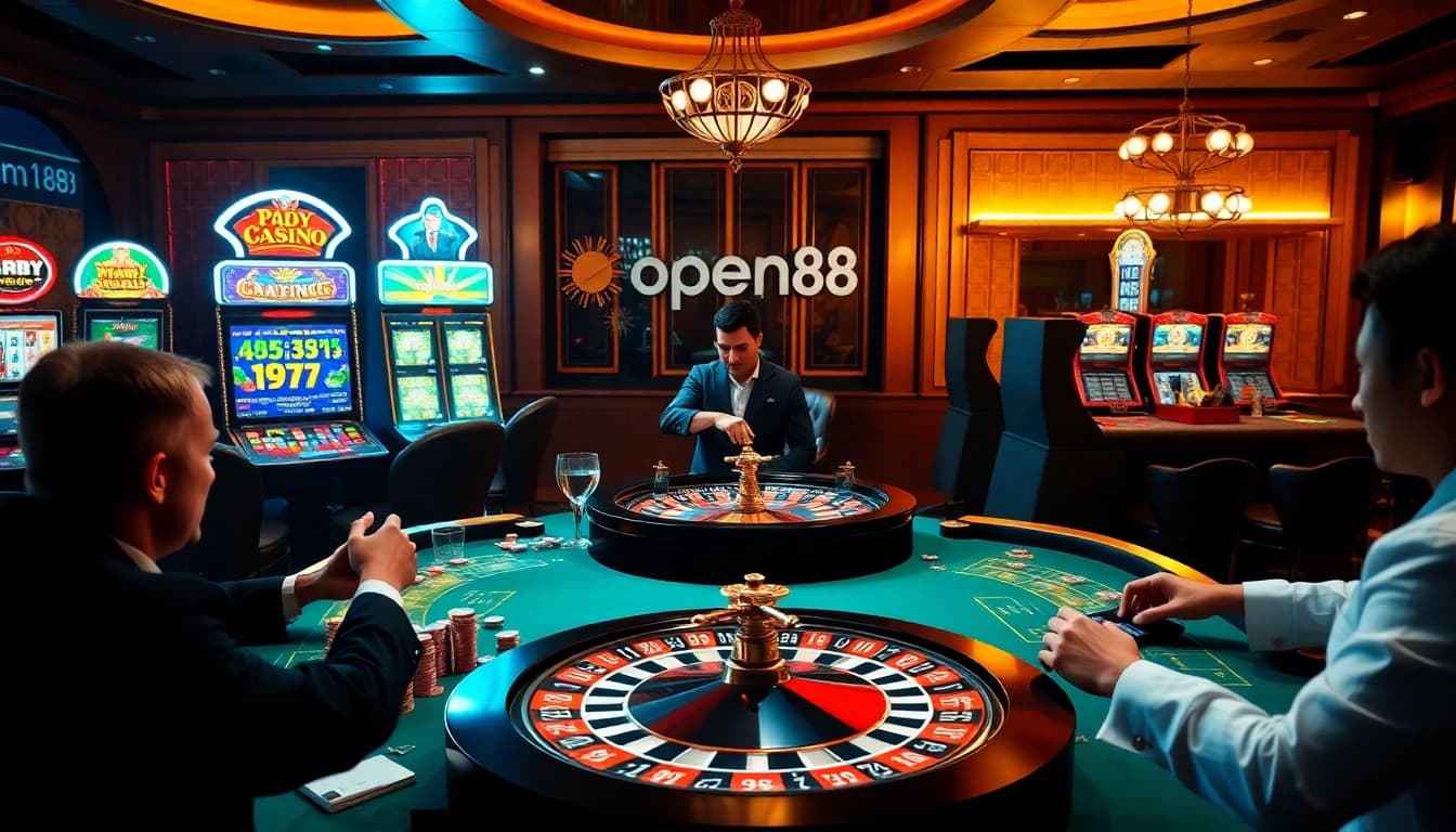 Experience the thrill of winning at open88 with a vibrant casino scene showcasing poker chips and slot machines.